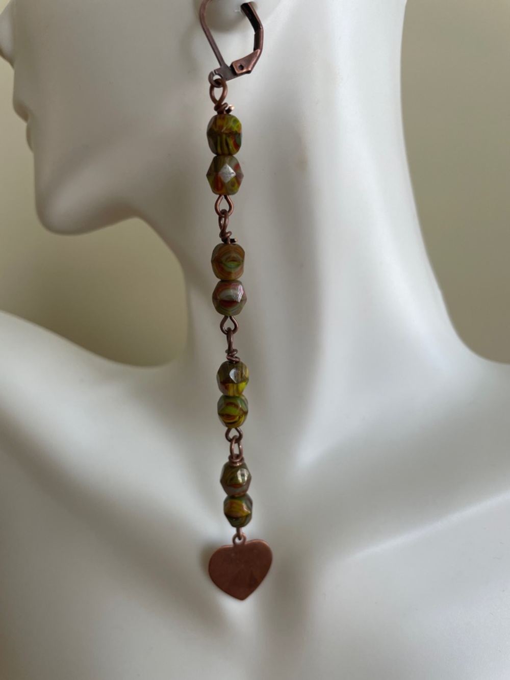 HAND CRAFTED FIRE-POLISHED GREEN CZECH GLASS DANGLE EARRINGS with Copper Hearts